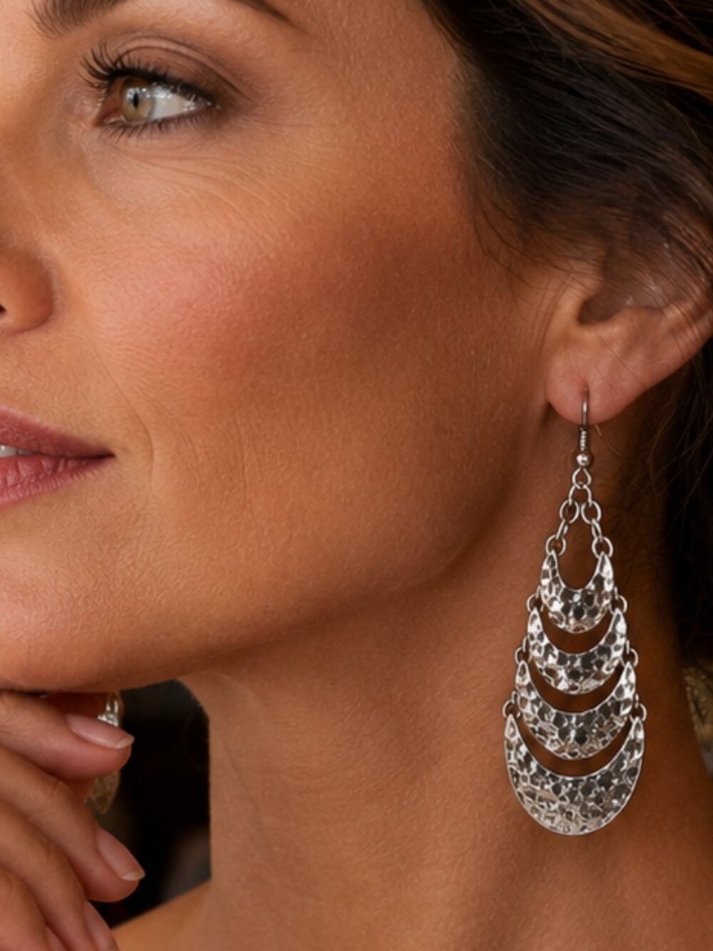 Hammered Silver Tone Chandelier Statement Earrings | Boho Artisan 3" Drop NWOT